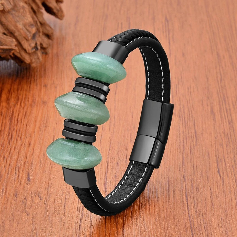 Black Braided Leather Bracelet with Green Jade Beads - Stylish Multi-Layer Magnetic Clasp Jewelry for Casual Wear and Gifts Aventurine Jade