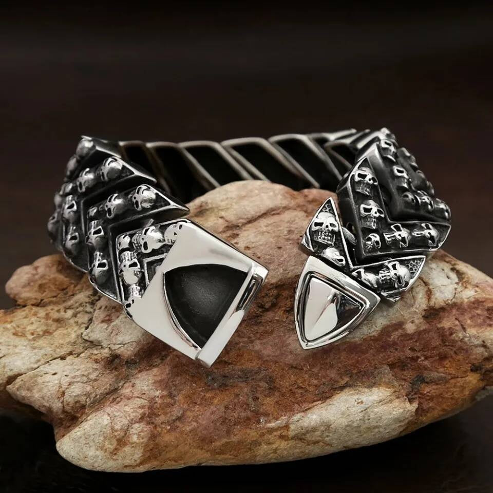 316L Stainless Steel Viking Skull Bracelet with Triquetra Symbol | Gothic Norse Jewelry
