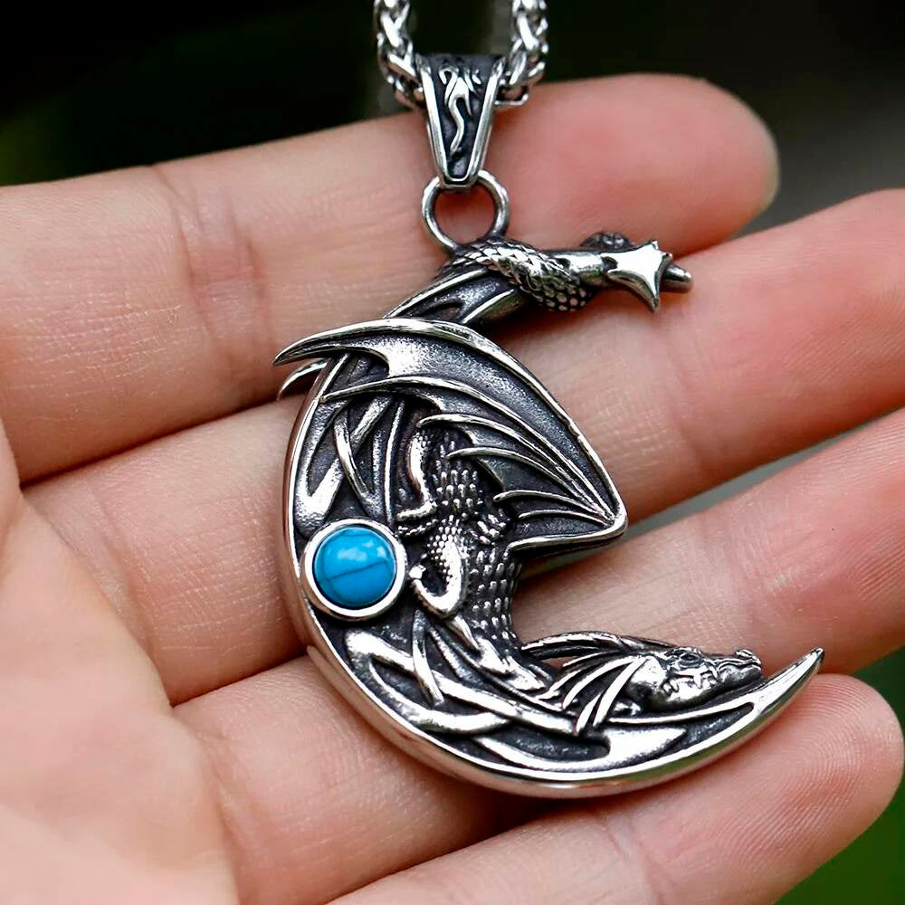 Men's 316L Stainless Steel Winged Dragon Moon Pendant Necklace