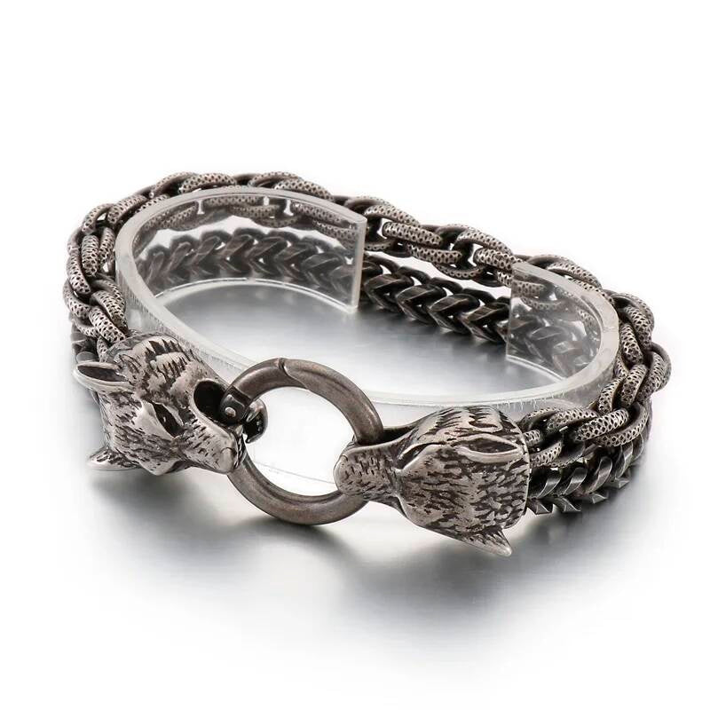 Multi-Color Wolf Bracelet Men Stainless Steel 316L Animal Head Bone Double Layer Chain Jewelry KB152517-KFC 22cm