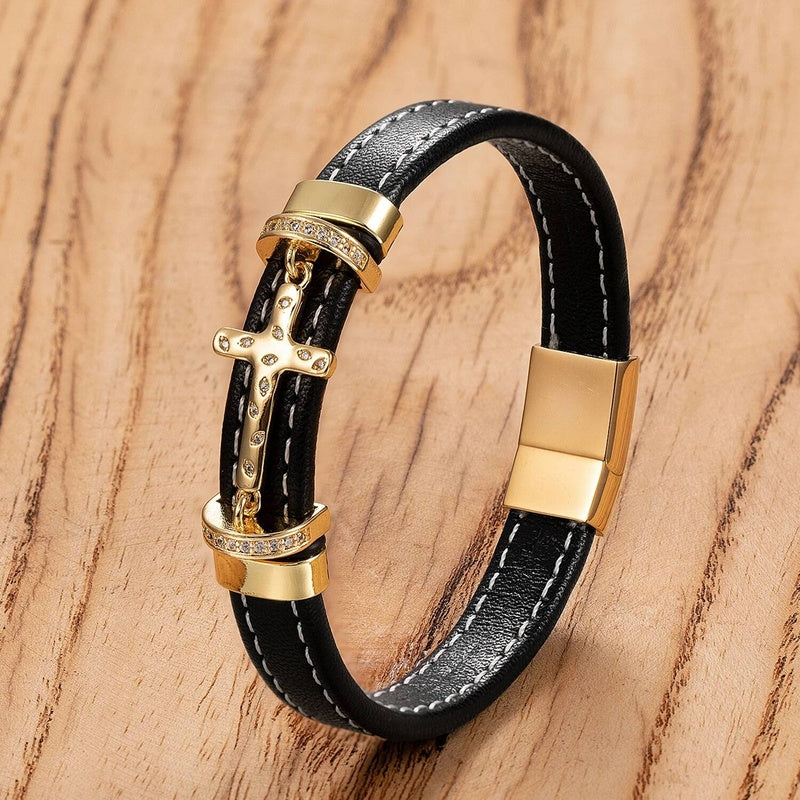 Black Leather Cross with Diamond Bracelet for Faith Gifts Gold-E