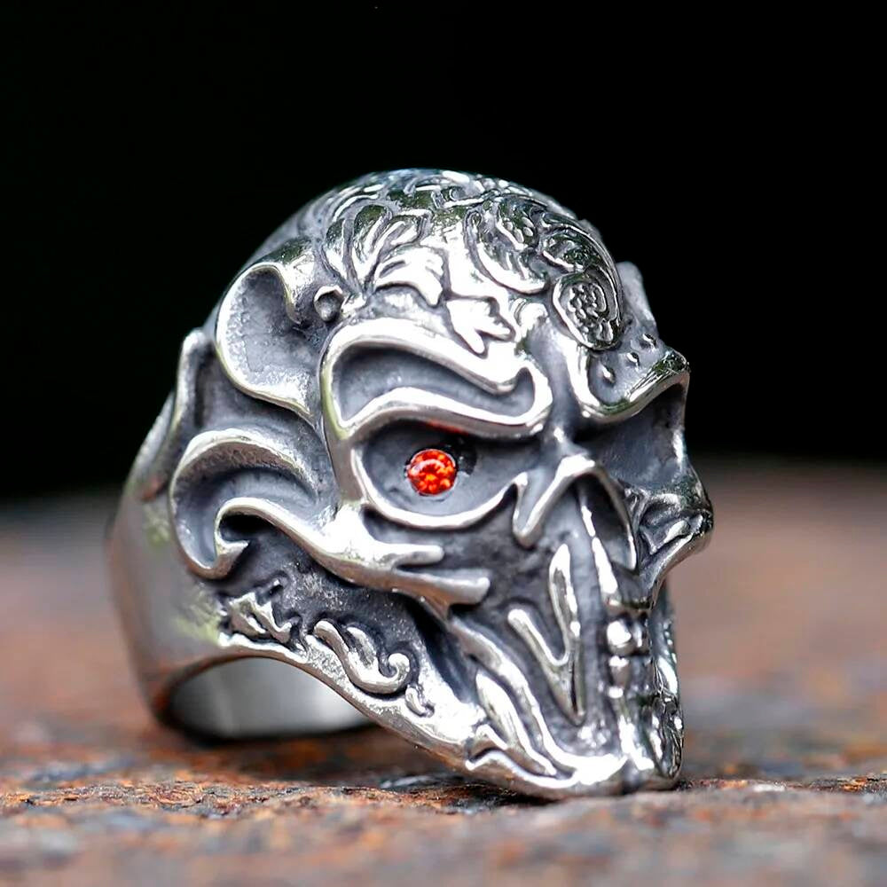 Detailed Skull Signet Ring - Stainless Steel Biker Punk Fashion Jewelry Gift