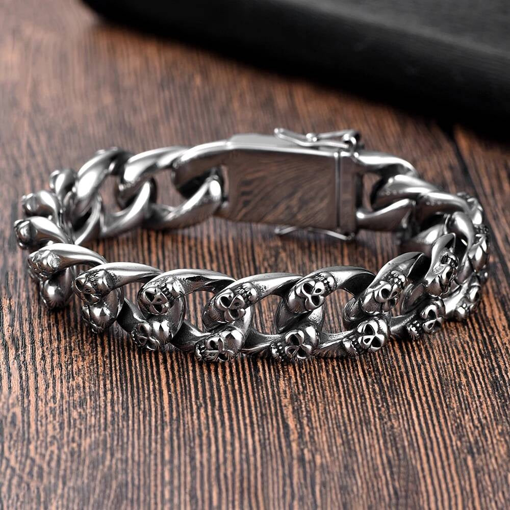 Heavy Skull Chain Bracelet for Men Gothic Punk Rock Biker Jewelry 316L Stainless Steel Cuban Link