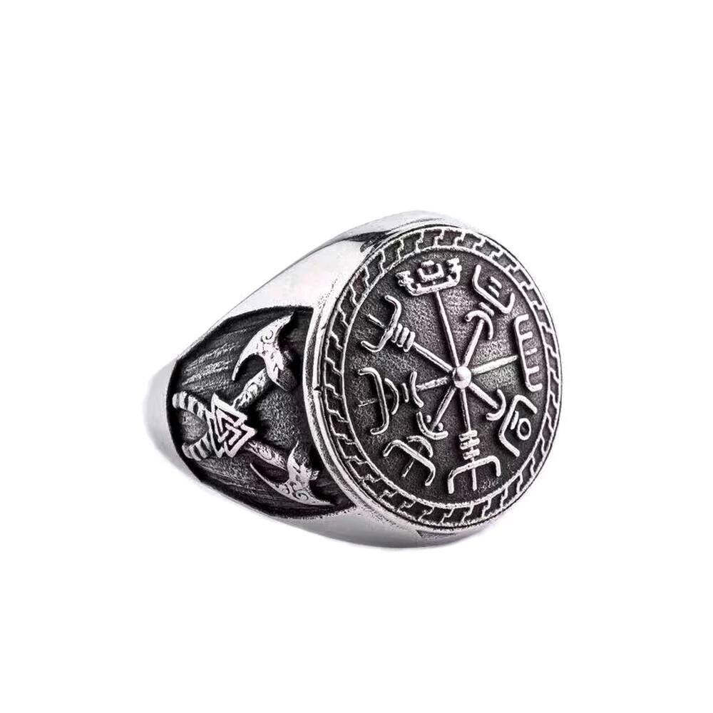 Viking Compass & Double-Axe Ring – 316L Stainless Steel Norse Amulet Style A