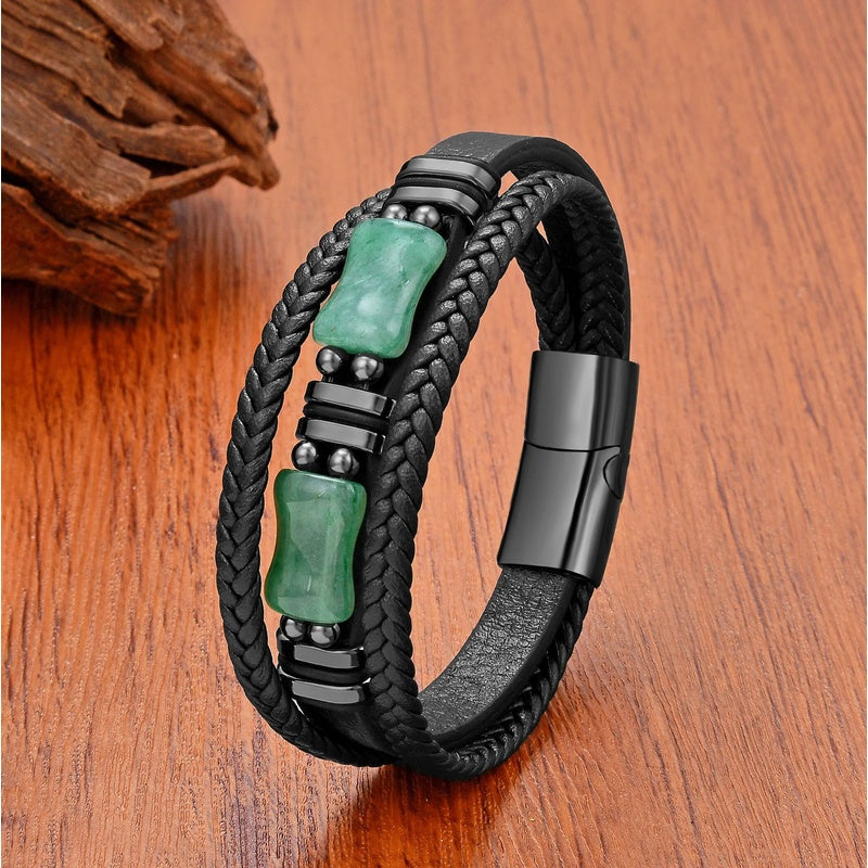 Men's Green Jade Leather Bracelet for Unique Gifts Green Stone-Black