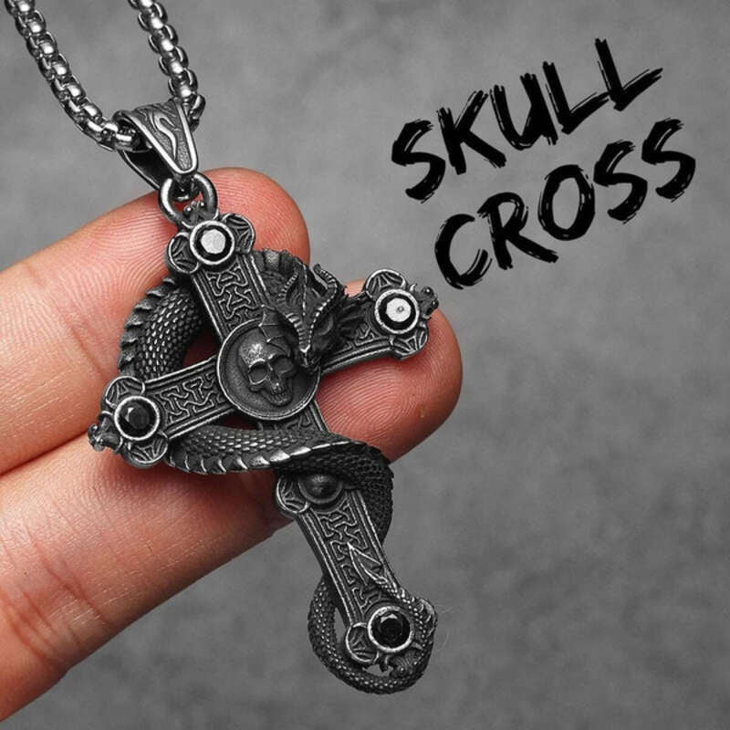 316L Stainless Steel Serpent Sword Cross Pendant Necklace with Gemstones N1362-With Chain-B