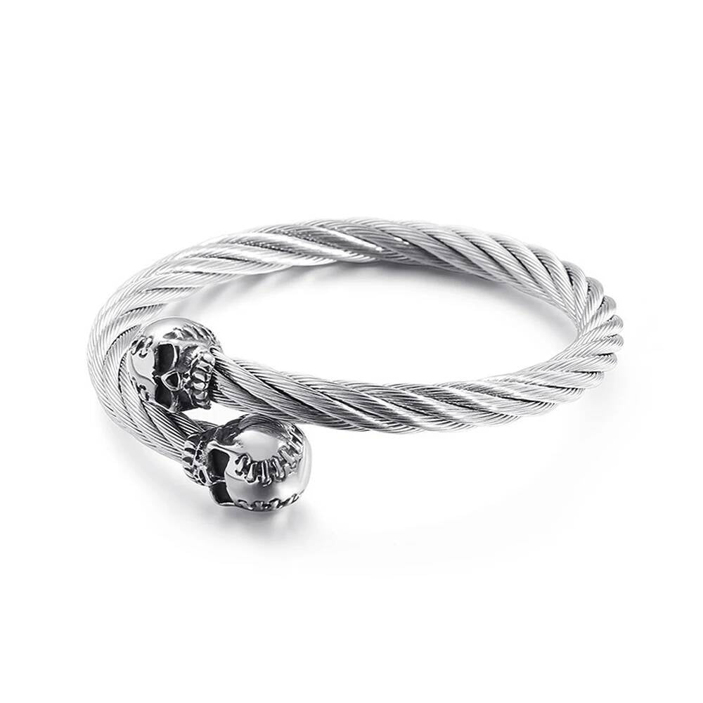 Twisted Cable Skull Cuff Bracelet for Men Gothic Punk Rock Biker Jewelry 316L Stainless Steel Open Bangle Style B