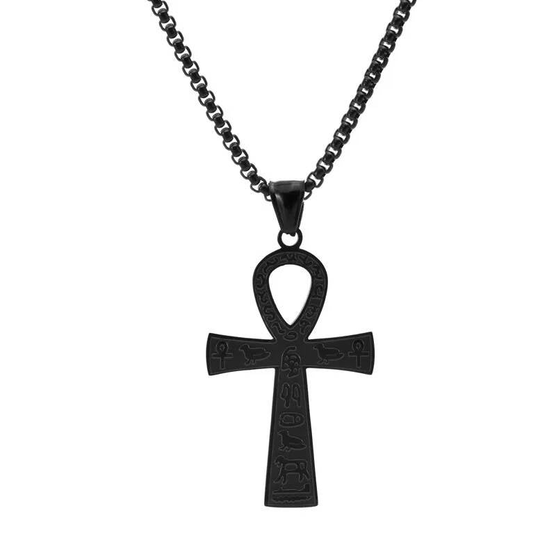 316L Stainless Steel Egyptian Anka Cross Pendant Chain Necklace For Men Vintage Jewelry Accessories Black
