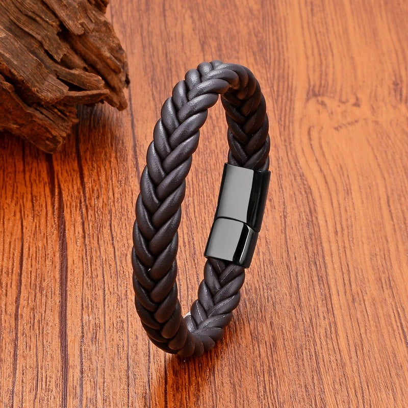 Black Braided Leather Bracelet with Green Jade Beads - Stylish Multi-Layer Magnetic Clasp Jewelry for Casual Wear and Gifts Brown Leather-Black