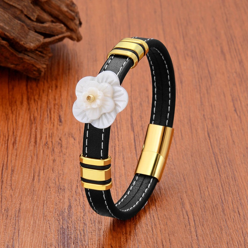 Black Braided Leather Bracelet with Green Jade Beads - Stylish Multi-Layer Magnetic Clasp Jewelry for Casual Wear and Gifts White Flower