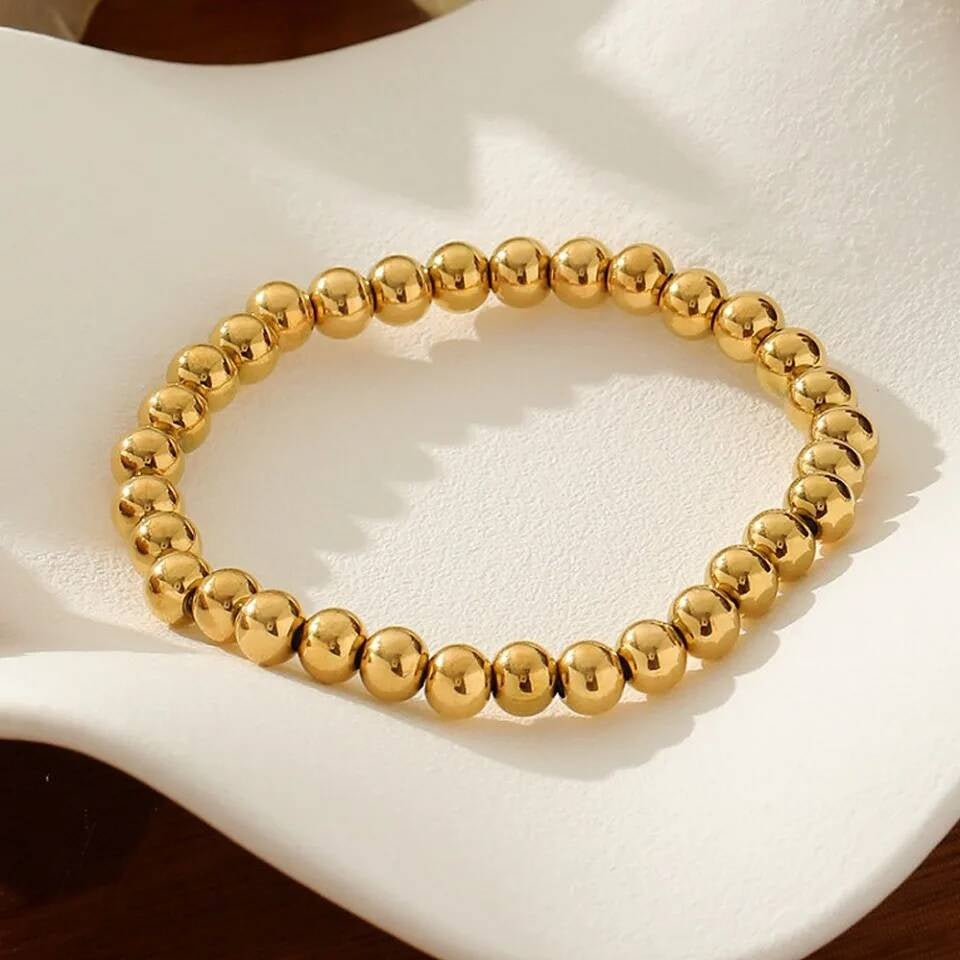 Gold Bead Bracelet – 316L Stainless Steel Polished Ball Beads Elastic Wristband, Minimalist Unisex Jewelry