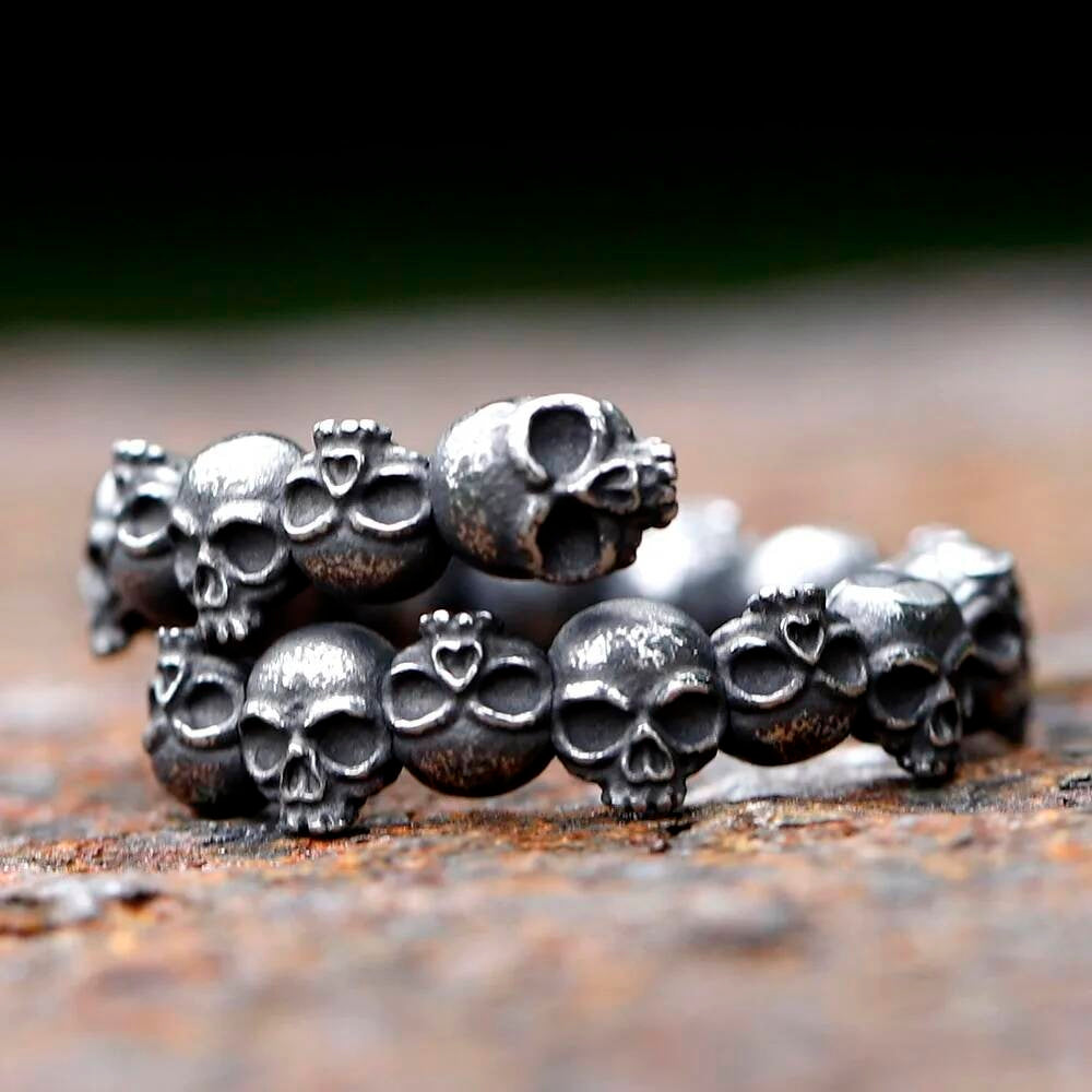 Skull Band Ring – Gothic Stainless Steel Double Row Biker Punk Jewelry