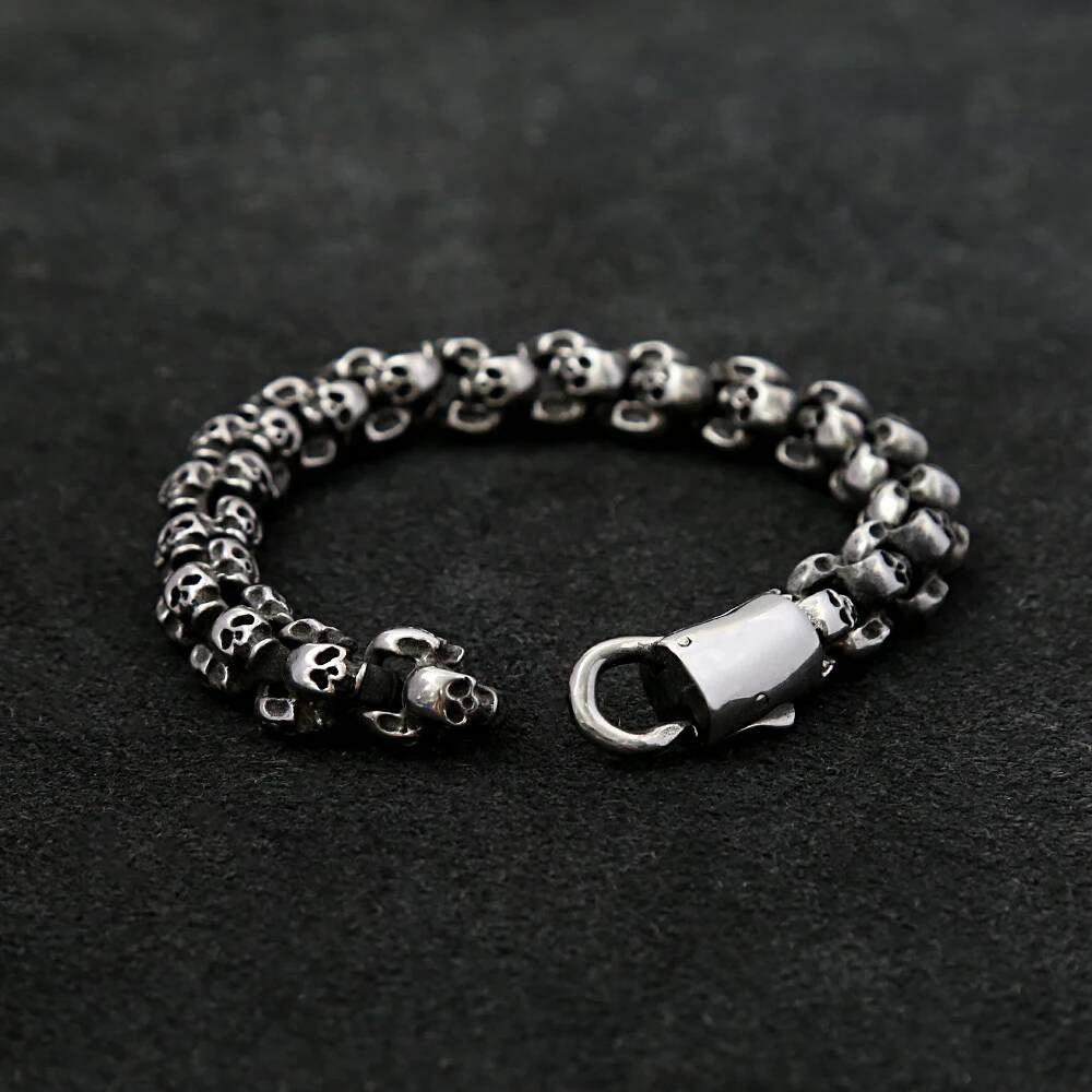 Double Layer Skull Bracelet for Men Gothic Punk Rock Heavy Metal Jewelry 316L Stainless Steel Biker Chain