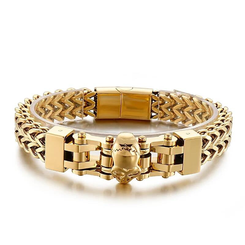 12mm Mens Biker Skull Bracelet With Mesh Chain Stainless Steel Trendy Punk Jewelry Gold Color 22cm