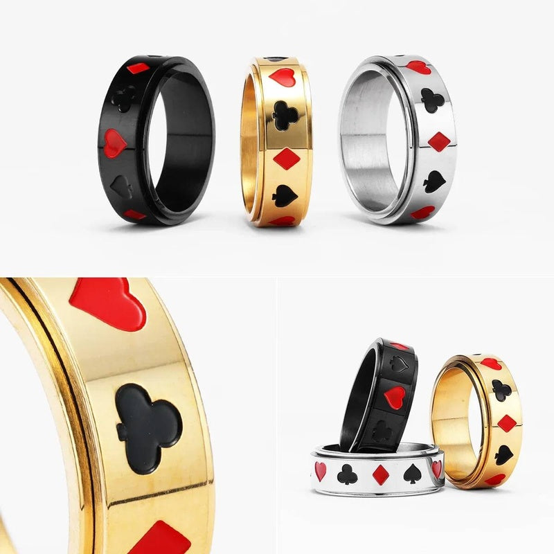 Lucky Poker Fidget Spinner Ring 316L Stainless Steel Punk Jewelry for Men