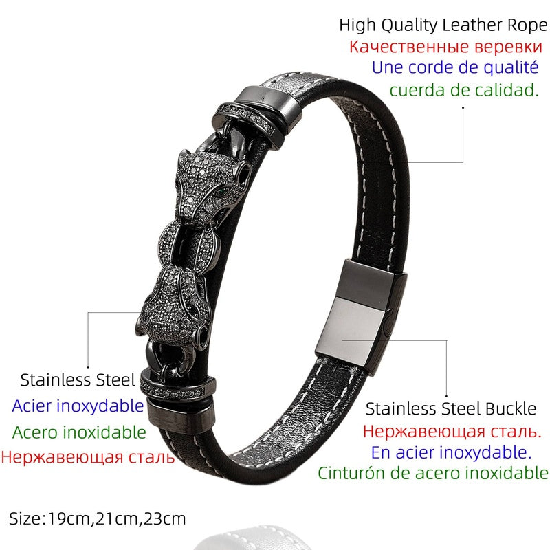 Style Classic Animal Leopard Head Hand Leather Braided Stainless Steel Bracelet For Man Woman Daily Wear Jewelry Gift