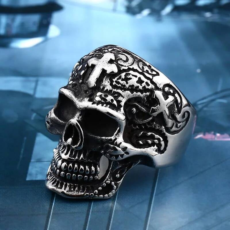 Engraved Skull Cross Ring – Gothic Stainless Steel Biker Jewelry steel
