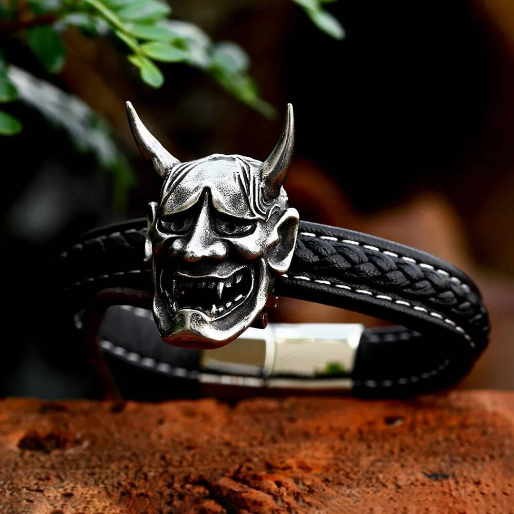 Samurai Oni Demon Bracelet for Men Gothic Punk Rock Biker Jewelry 316L Stainless Steel with Black Braided Leather Style B