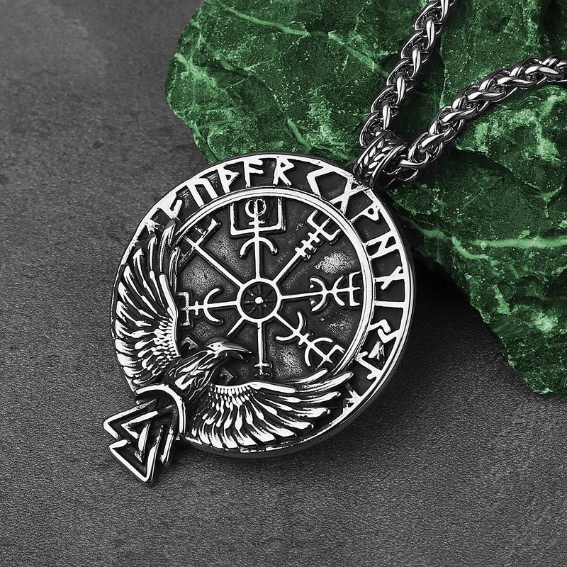 Norse Raven Rune Circle Pendant Necklace – Viking Heritage Symbol 60CM Chain