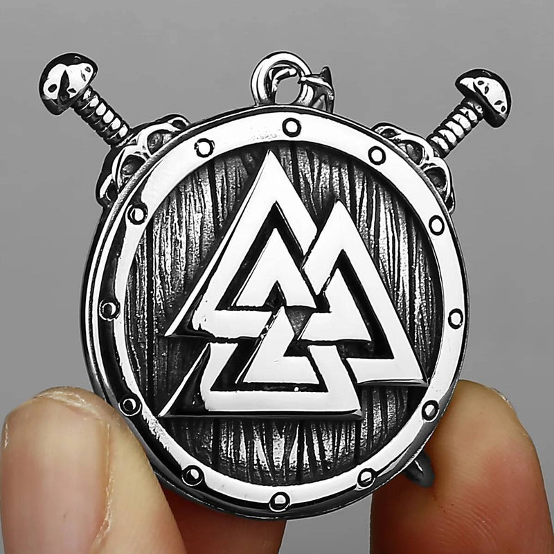 Viking Shield Pendant Necklace – Valknut, Swords, Stainless Steel Viking Jewelry 60cm chain(278614) 60cm
