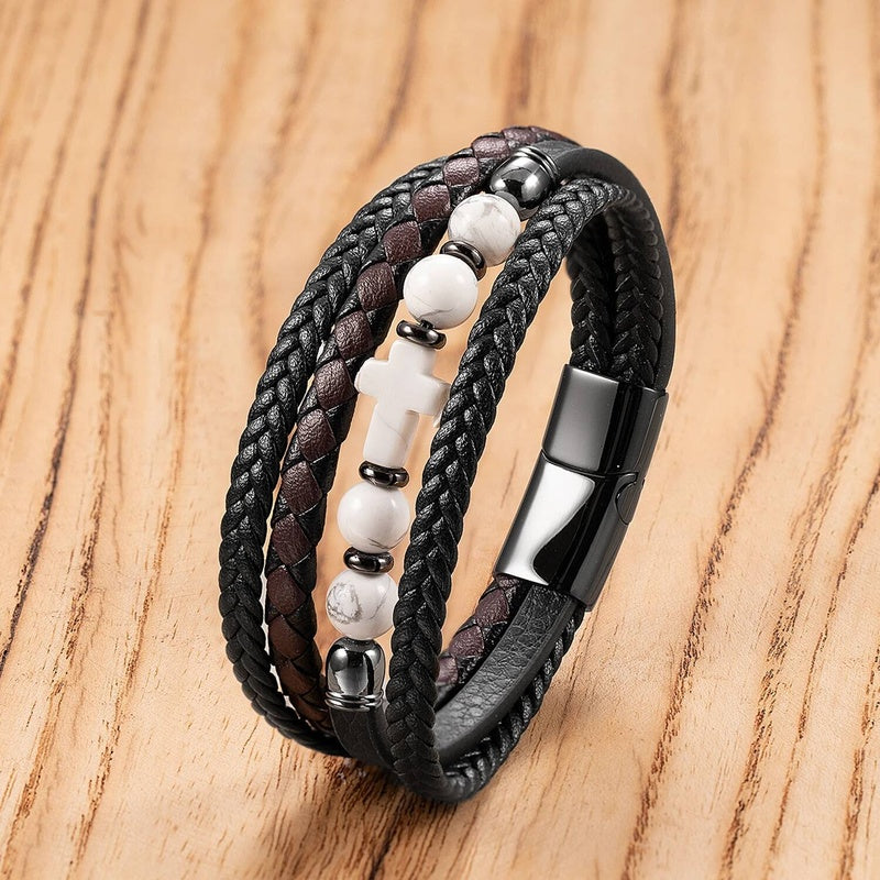 Black Braided Leather Bracelet with Green Jade Beads - Stylish Multi-Layer Magnetic Clasp Jewelry for Casual Wear and Gifts Style-H