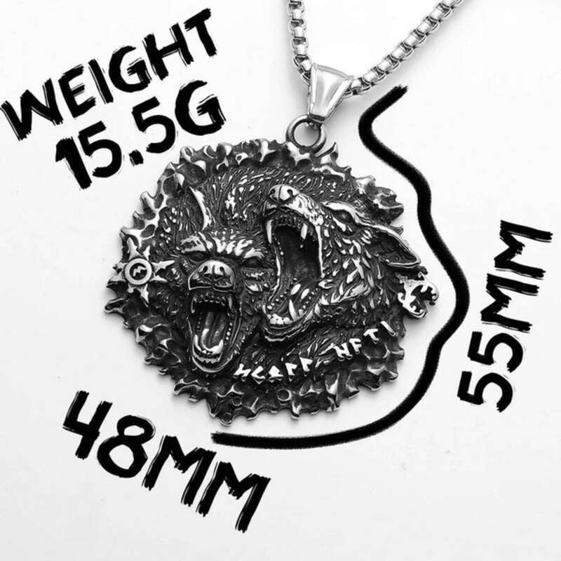 Viking Double Wolf Head Pendant Necklace – 316L Stainless Steel Norse Amulet