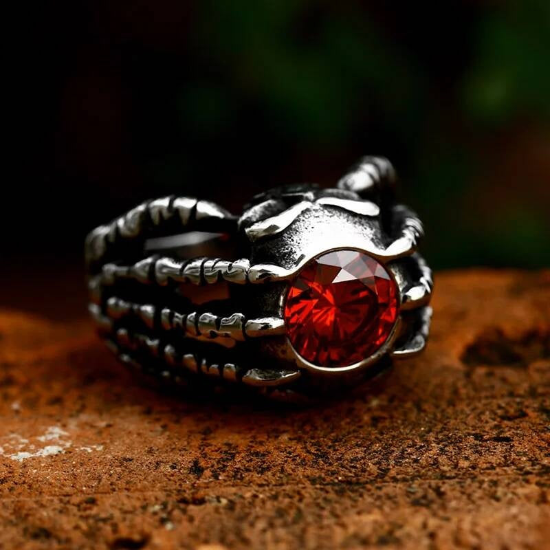 316L Stainless Steel Gothic Claw Ring with Red Crystal Stone