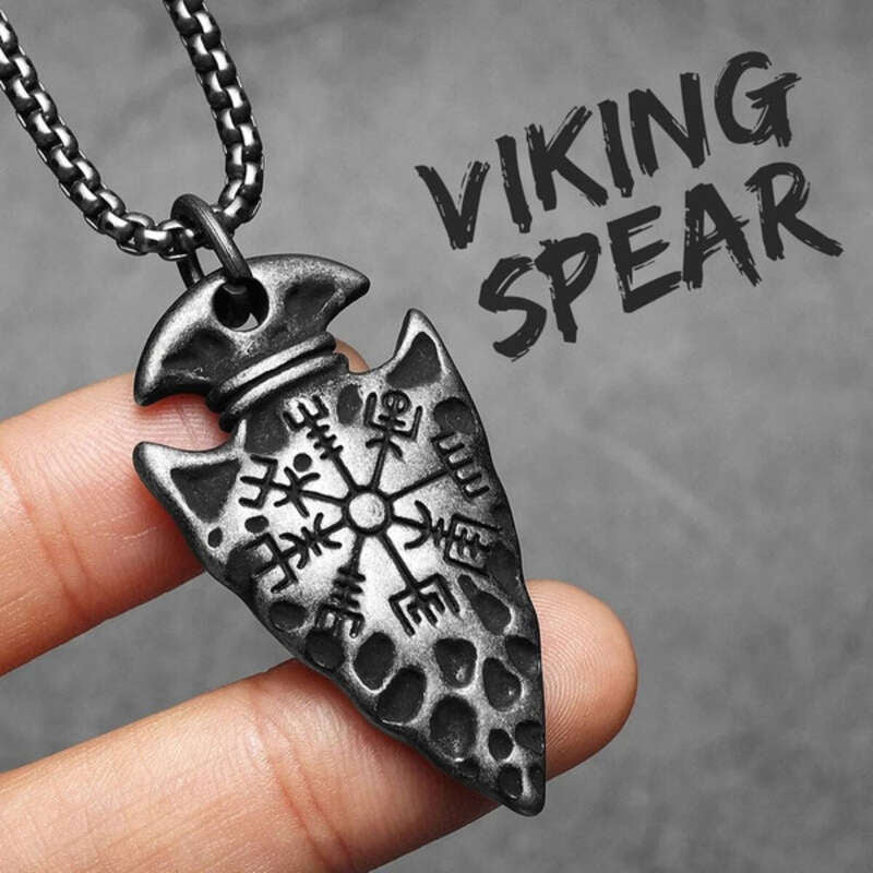 Viking Arrowhead Vegvisir Pendant Necklace – 316L Stainless Steel Norse Amulet N1460-60cm Chain-R