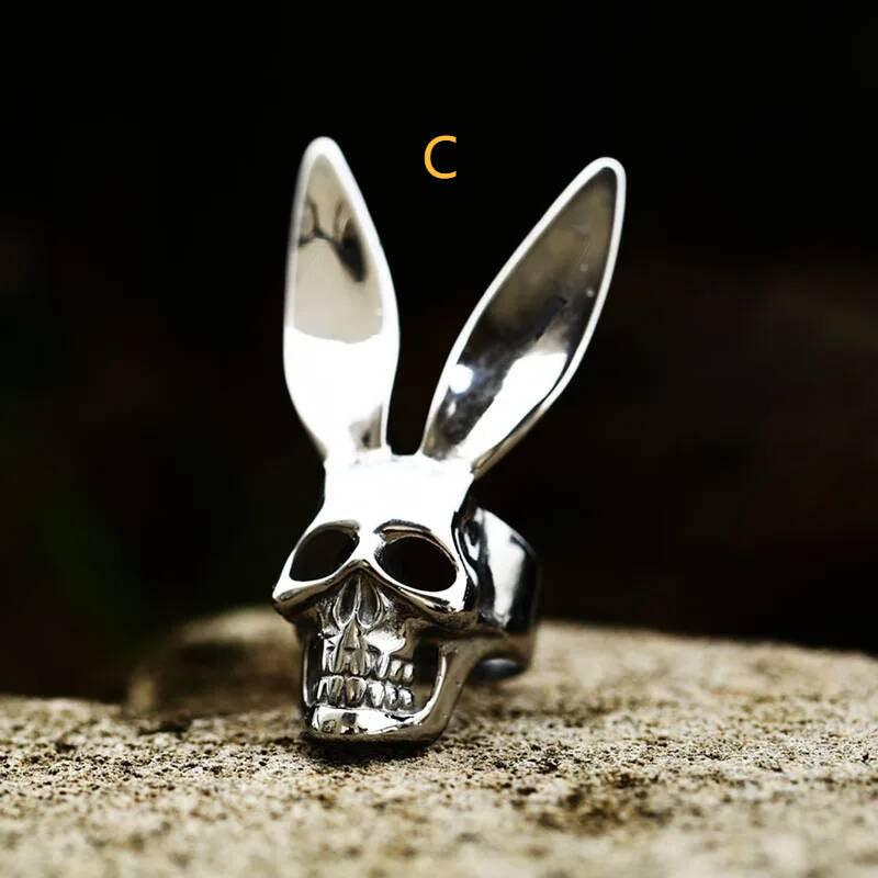 Rabbit Skull Men's Ring - Halloween Gothic Stainless Steel Biker Jewelry C Small