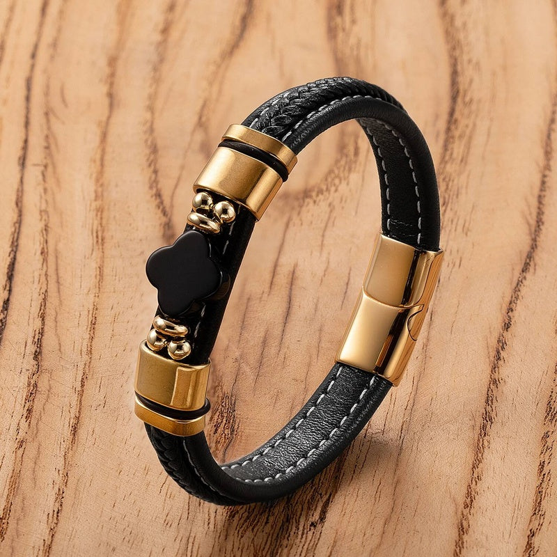 Black Braided Leather Bracelet with Green Jade Beads - Stylish Multi-Layer Magnetic Clasp Jewelry for Casual Wear and Gifts Style-E