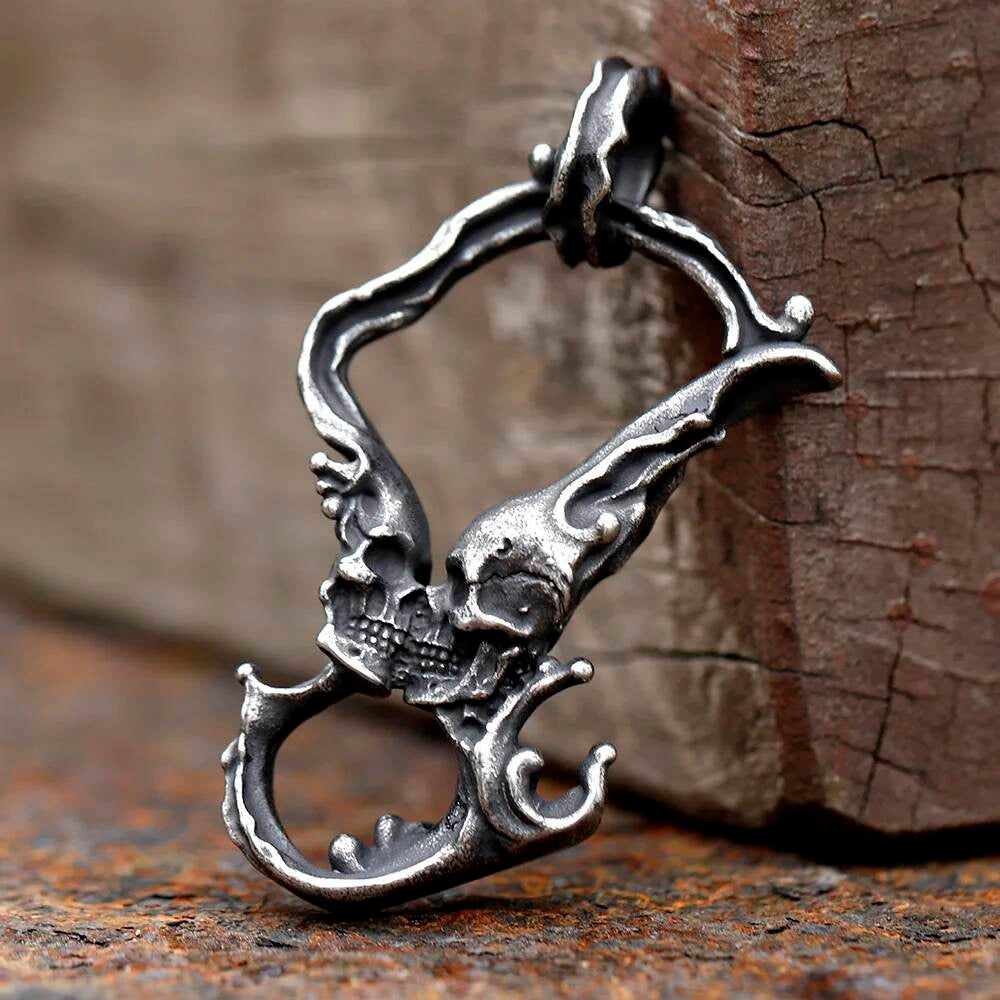 Double Skull Pendant Necklace – Gothic Skeleton Flames Jewelry