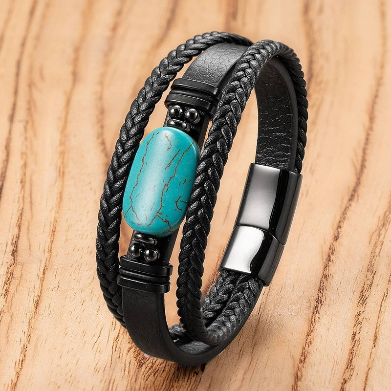 Black Braided Leather Bracelet with Green Jade Beads - Stylish Multi-Layer Magnetic Clasp Jewelry for Casual Wear and Gifts Style-G