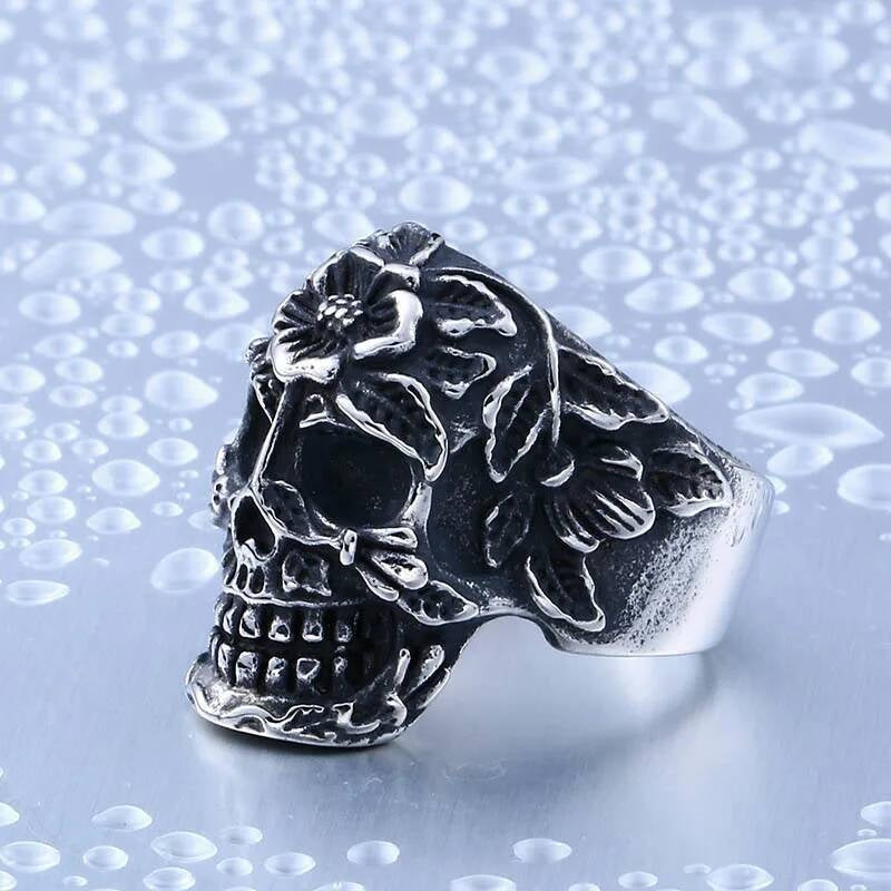 Floral Skull Ring – Gothic Stainless Steel Sugar Skull Biker Jewelry