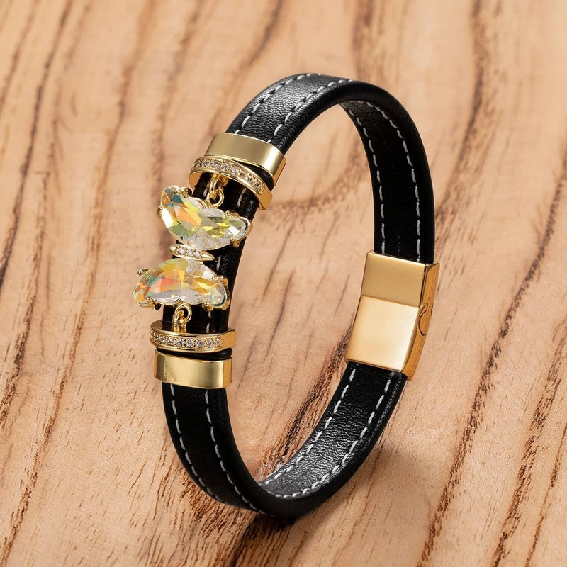 Men's Black Leather Gold Bow Accent Bracelet for Special Occasions Style-I