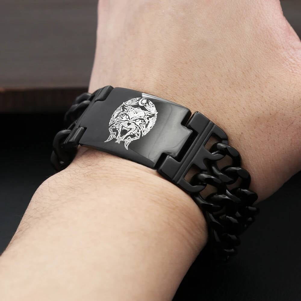 Black Stainless Steel Wolf Head Bracelet – Viking Chain