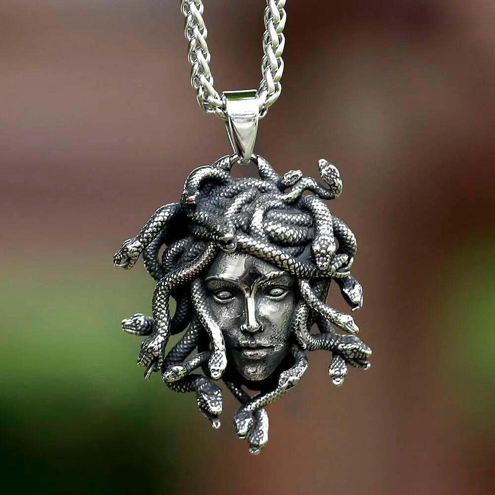 Medusa Pendant Necklace, Gothic Silver Jewelry with Snake Hair Design