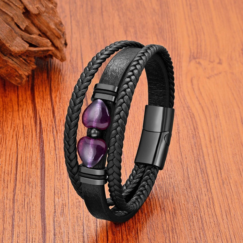 Black Braided Leather Bracelet with Green Jade Beads - Stylish Multi-Layer Magnetic Clasp Jewelry for Casual Wear and Gifts Amethyst
