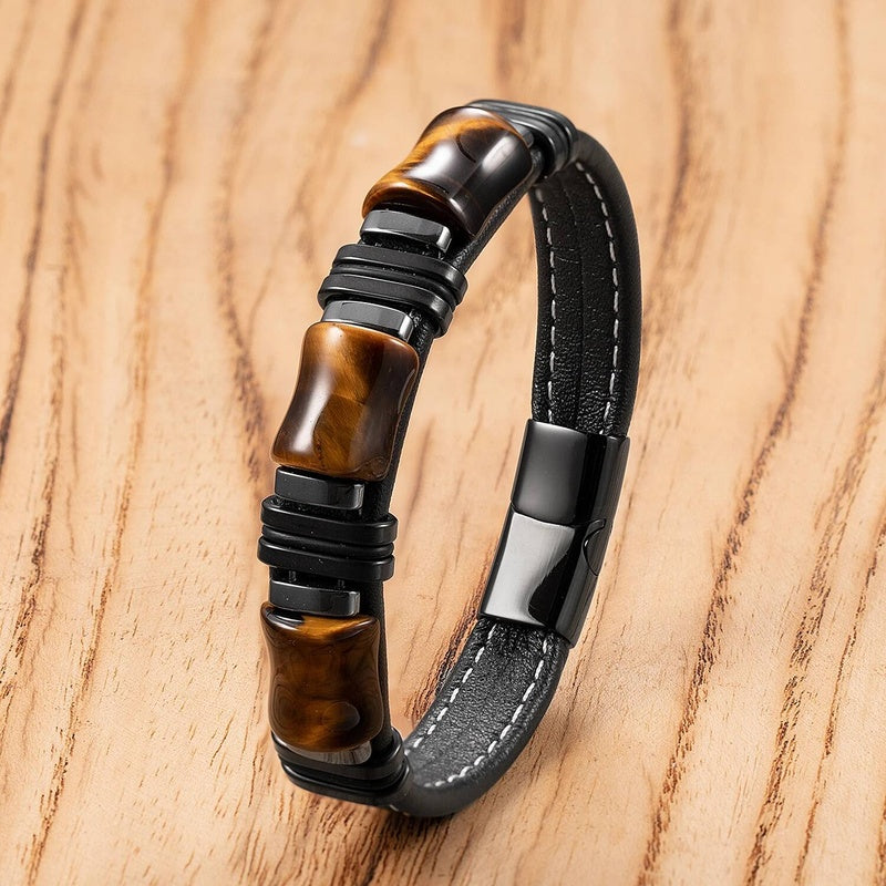 Black Braided Leather Bracelet with Green Jade Beads - Stylish Multi-Layer Magnetic Clasp Jewelry for Casual Wear and Gifts Style-I