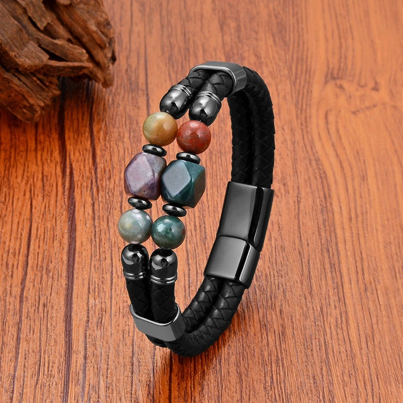 Black Braided Leather Bracelet with Green Jade Beads - Stylish Multi-Layer Magnetic Clasp Jewelry for Casual Wear and Gifts
