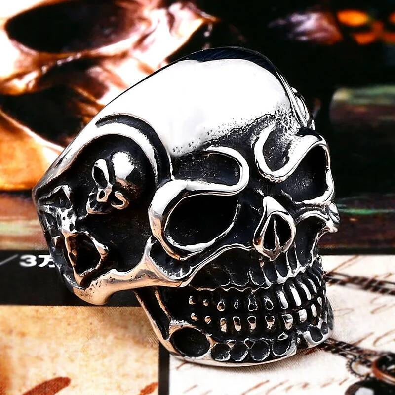 Skull Ring with Gold Skeleton Detail – Stainless Steel Gothic Jewelry white