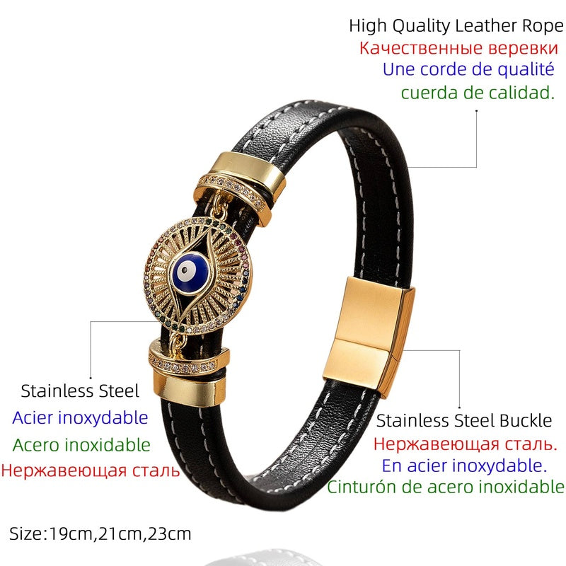 Woven Leather Turkish Blue Evil Eye Zircon Bracelet Punk Fashion Charm Valentines Day Gift Trend Female Jewelry