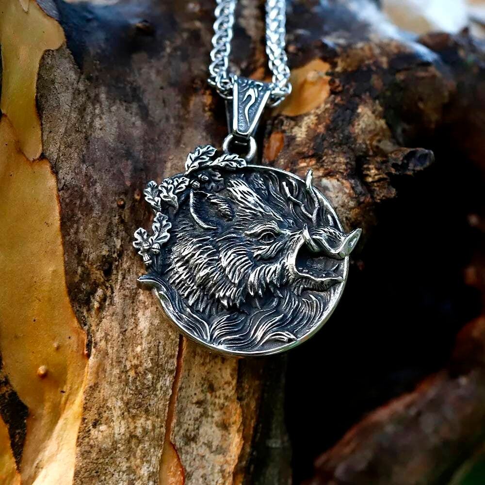 Wild Boar Pendant Necklace, Silver Tribal Jewelry with Detailed Animal Design