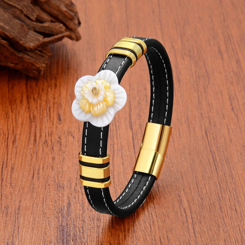 Black Braided Leather Bracelet with Green Jade Beads - Stylish Multi-Layer Magnetic Clasp Jewelry for Casual Wear and Gifts Yellow Flower