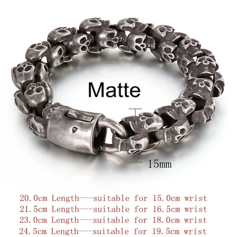 12/15mm Evil Ghost Head Skull Chain Bracelet Men 316L Stainless Steel Punk Shiny Matte Biker Rock Demon Jewelry 15mm Width Matte