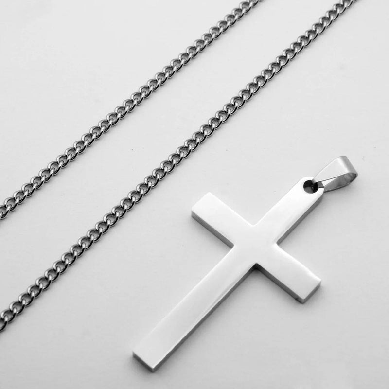 316L Stainless Steel Cross Pendant Chain Necklace For Men Religion Jewelry Accessories Male Silver
