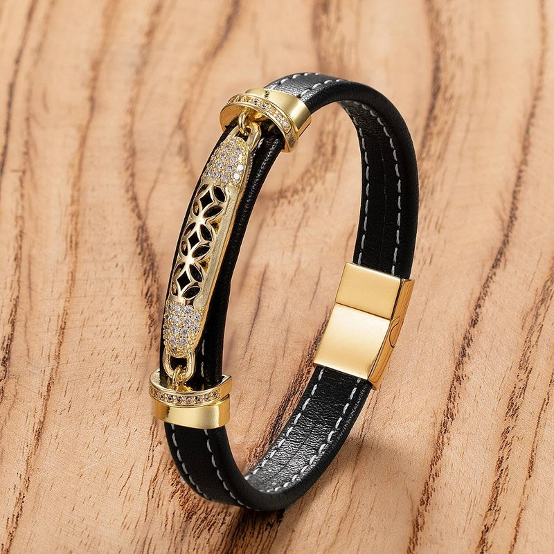 Men's Black Leather Diamond Accent Bracelet for Elegant Gifts Gold-C