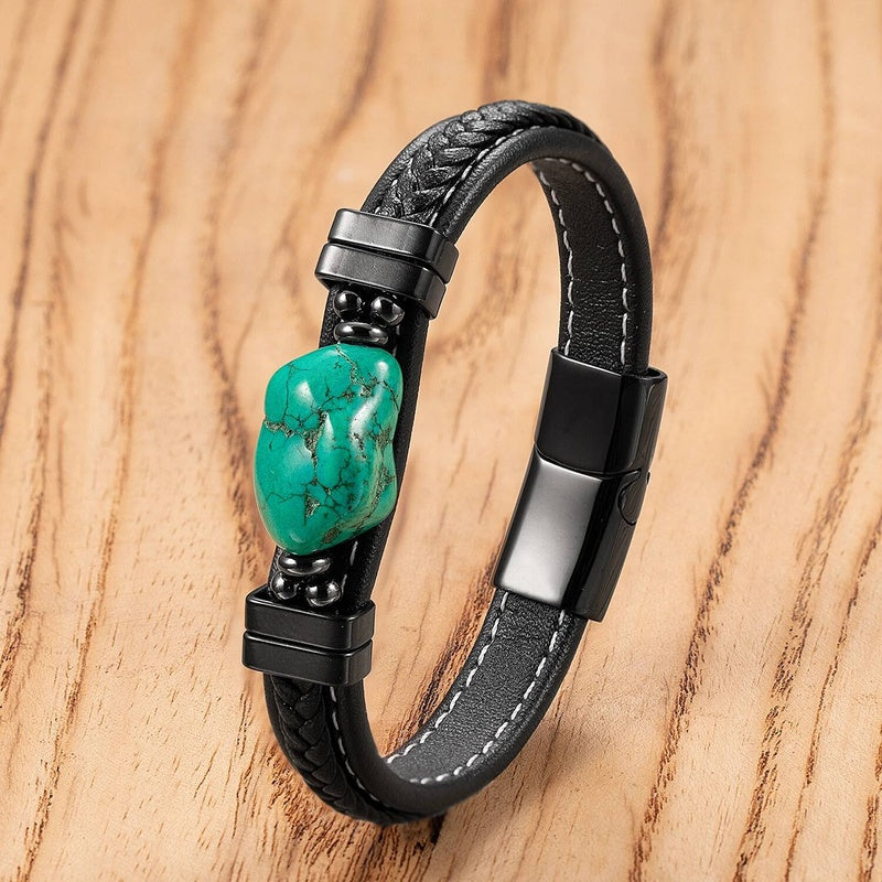 Black Braided Leather Bracelet with Green Jade Beads - Stylish Multi-Layer Magnetic Clasp Jewelry for Casual Wear and Gifts Style-B