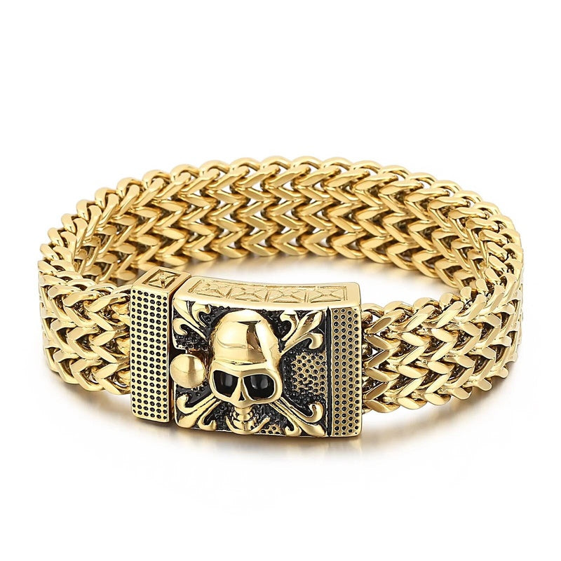 17mm Heavy Mesh Chain Bracelet Men With Devil Ghost Skull Charm Vintage Jewelry Surprise Gift For Husband