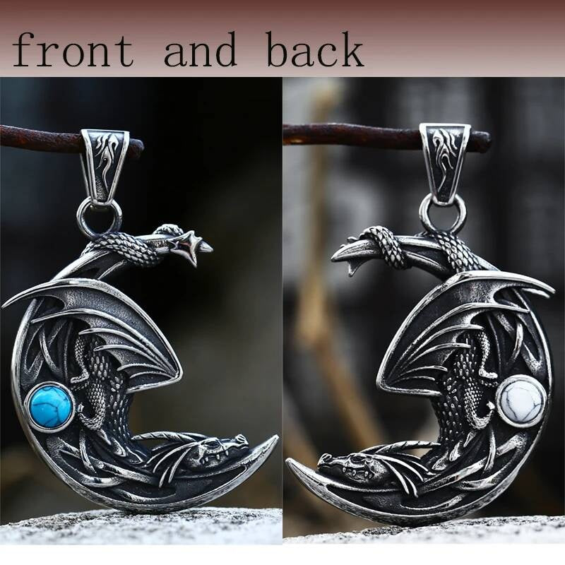 Men's 316L Stainless Steel Winged Dragon Moon Pendant Necklace 01