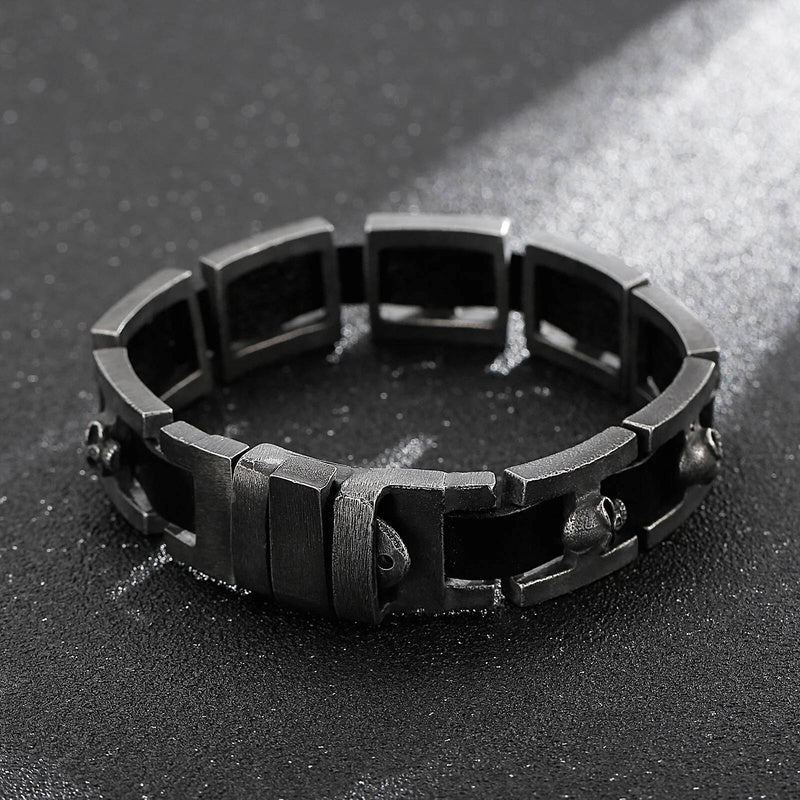 Mens Stainless Steel 316L Skull Link Chain Bracelet With Real Black Cowhide Leather